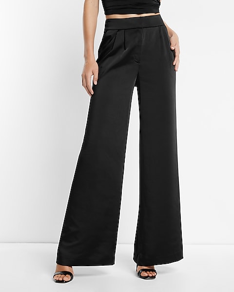Super High Waisted Satin Pleated Wide Leg Pant