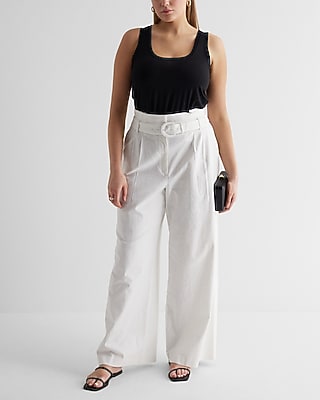 Super High Waisted Linen-Blend Belted Paperbag Wide Leg Pant