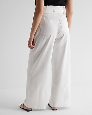 Super High Waisted Linen-Blend Belted Paperbag Wide Leg Pant