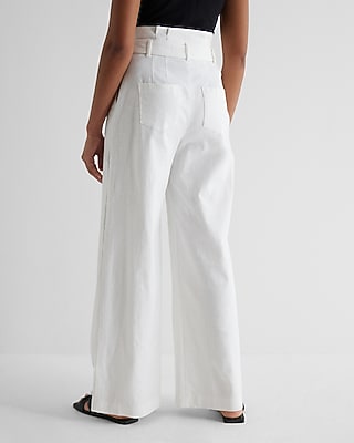Super High Waisted Linen-Blend Belted Paperbag Wide Leg Pant