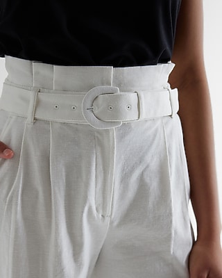 Super High Waisted Linen-Blend Belted Paperbag Wide Leg Pant