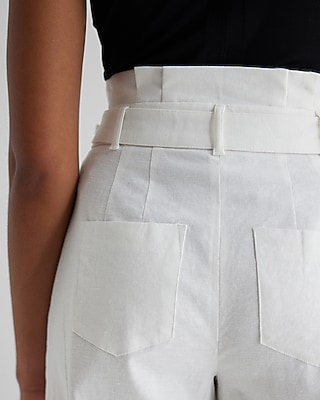 Super High Waisted Linen-Blend Belted Paperbag Wide Leg Pant