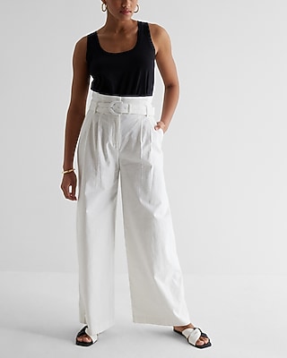 Super High Waisted Linen-Blend Belted Paperbag Wide Leg Pant