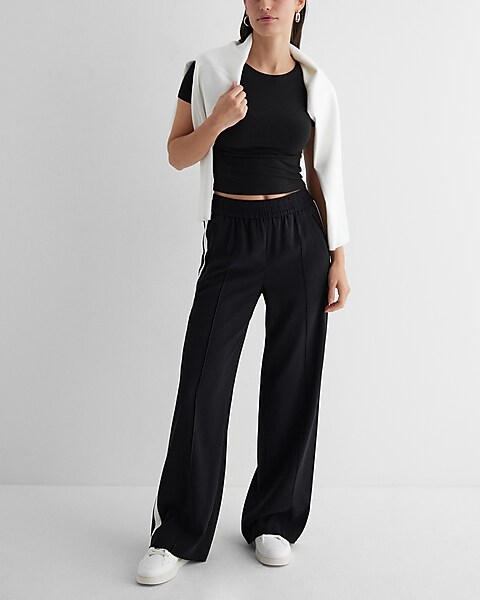 High Waisted Seamed Side Stripe Pull On Wide Leg Pant