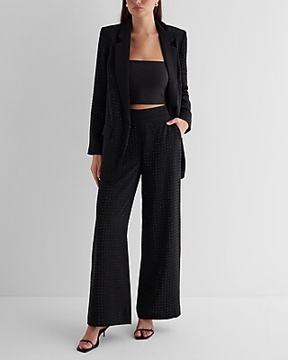 High Waisted Rhinestone Studded Wide Leg Trouser Pant