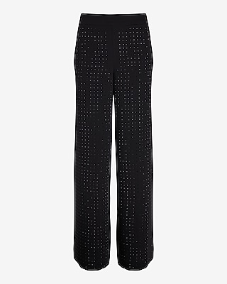High Waisted Rhinestone Studded Wide Leg Trouser Pant