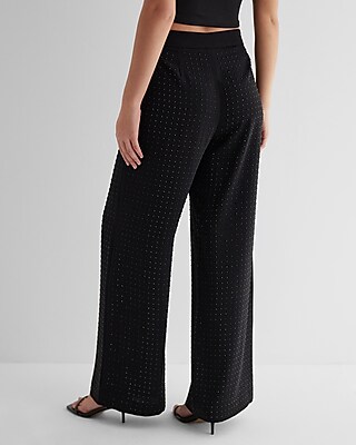 High Waisted Rhinestone Studded Wide Leg Trouser Pant