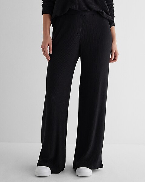 High Waisted Ribbed Cozy Knit Pull On Wide Leg Pant