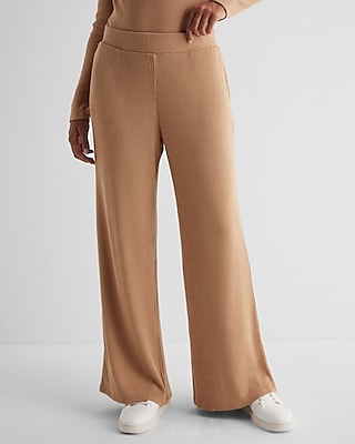 High Waisted Ribbed Cozy Knit Pull On Wide Leg Pant