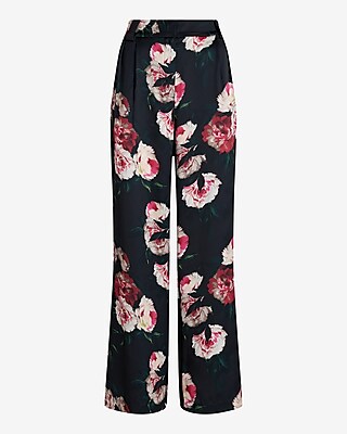 Stylist High Waisted Satin Floral Pleated Wide Leg Pant