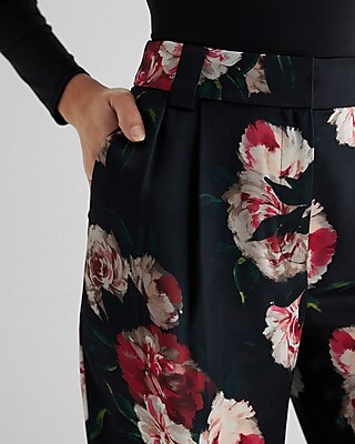 Stylist High Waisted Satin Floral Pleated Wide Leg Pant