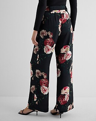Stylist High Waisted Satin Floral Pleated Wide Leg Pant
