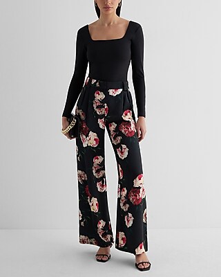 Stylist High Waisted Satin Floral Pleated Wide Leg Pant