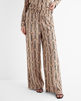 High Waisted Satin Printed Pull On Wide Leg Pant