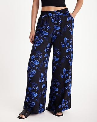 High Waisted Satin Floral Pull On Wide Leg Palazzo Pant Multi-Color Women's M