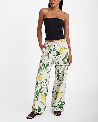High Waisted Lemon Floral Pull On Wide Leg Pant | Express