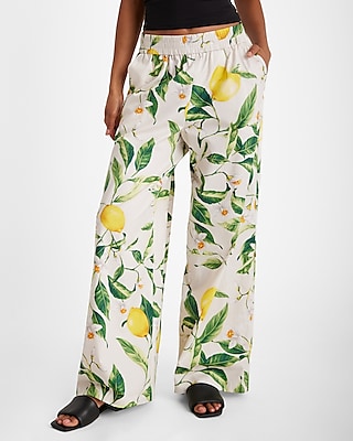 High Waisted Lemon Floral Pull On Wide Leg Pant | Express
