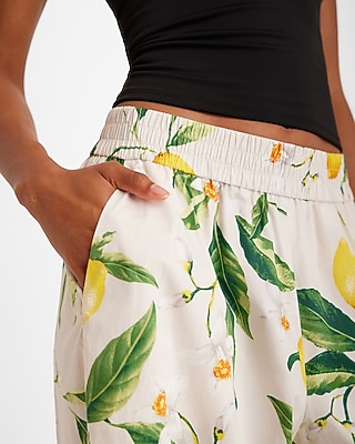 High Waisted Lemon Floral Pull On Wide Leg Pant | Express