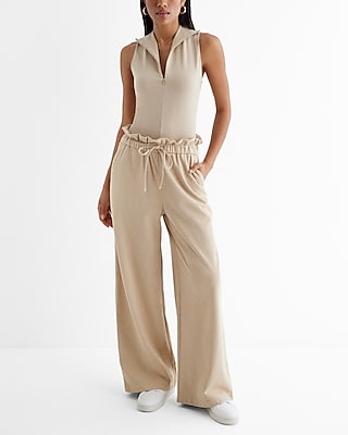 High Waisted Knit Drawstring Paperbag Wide Leg Pant | Express