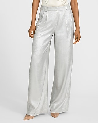 silver satin dress pants Silver Metallic Crepe Satin Flare Dress Pants Size Small Paper Bag Waist
