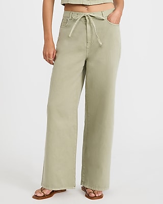 Cotton Mid Rise Olive Green Drawstring Wide Leg Jeans