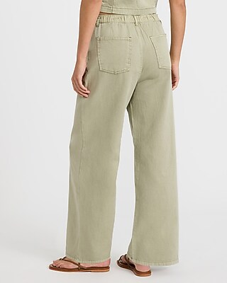 Cotton Mid Rise Olive Green Drawstring Wide Leg Jeans