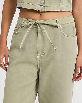 Cotton Mid Rise Olive Green Drawstring Wide Leg Jeans