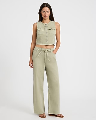 Cotton Mid Rise Olive Green Drawstring Wide Leg Jeans
