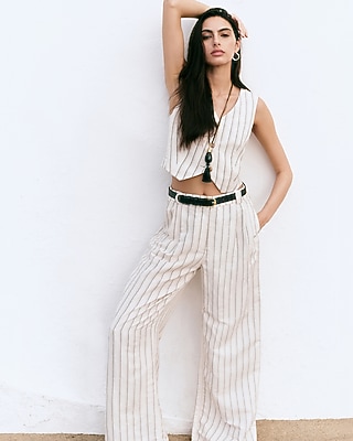 Linen-Blend Striped High Waisted Relaxed Trouser
