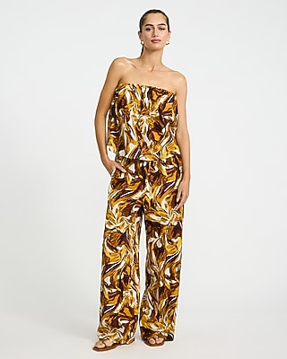 Linen-Blend Printed High Waisted Pull On Wide Leg Pant
