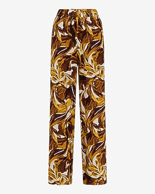 Linen-Blend Printed High Waisted Pull On Wide Leg Pant