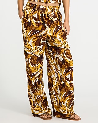 Linen-Blend Printed High Waisted Pull On Wide Leg Pant