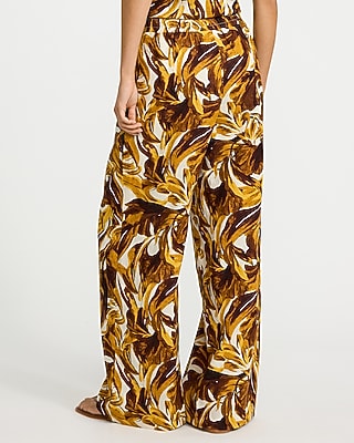 Linen-Blend Printed High Waisted Pull On Wide Leg Pant