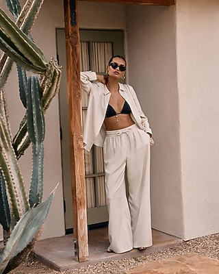 Striped High Waisted Drawstring Pull On Wide Leg Pant | Express