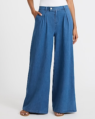 Denim High Waisted Pleated Wide Leg Pant - thumbnail 4