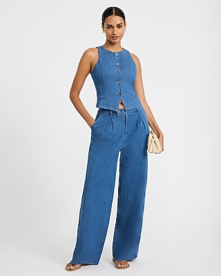 Denim High Waisted Pleated Wide Leg Pant - thumbnail 8