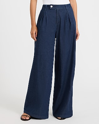 Denim High Waisted Pleated Wide Leg Pant