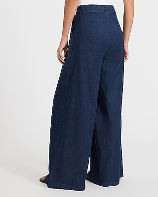 Denim High Waisted Pleated Wide Leg Pant