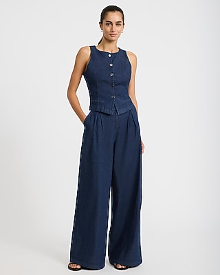 Denim High Waisted Pleated Wide Leg Pant
