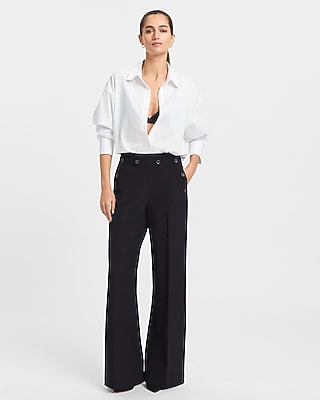 Studio Stretch Twill High Waisted Button Front Wide Leg Pant