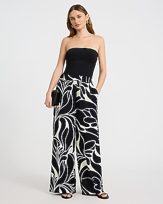 Textured Floral High Waisted Pull On Wide Leg Pant