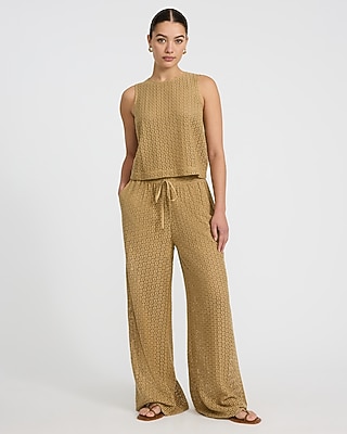 Crochet High Waisted Pull On Drawstring Wide Leg Pant