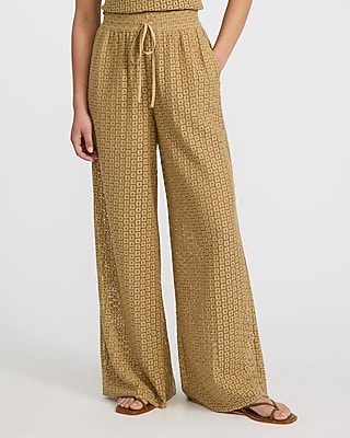 Crochet High Waisted Pull On Drawstring Wide Leg Pant