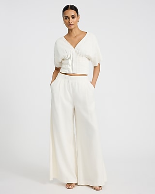Linen-Blend High Waisted Pull On Wide Leg Pant
