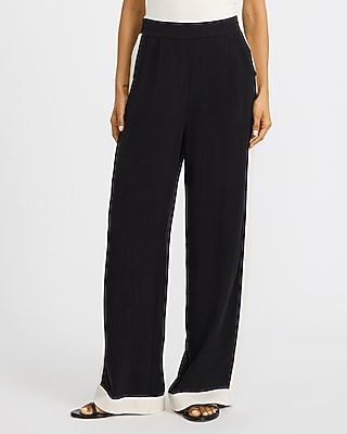 Linen-Blend Tipped High Waisted Pull On Wide Leg Pant