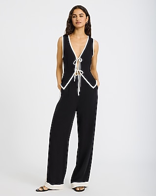 Linen-Blend Tipped High Waisted Pull On Wide Leg Pant