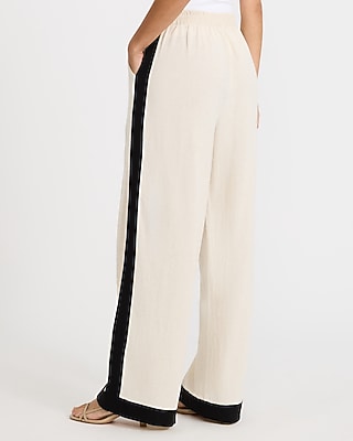 Linen-Blend Tipped High Waisted Pull On Wide Leg Pant