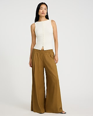 Summer-Blend Linen High Waisted Pull On Wide Leg Pant