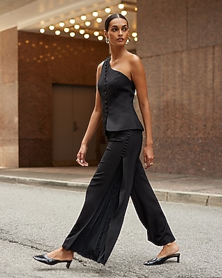 High Waisted Side Button Pleated Wide Leg Trouser | Express