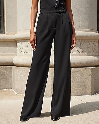 High Waisted Button Tab Waistband Wide Leg Pant